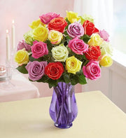 Two Dozen Assorted  Roses with Purple Vase - fashionbests