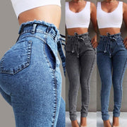 Female Jeans Slim Elasticity Tassel Belt High Waist Large Jeans Female Spring - fashionbests