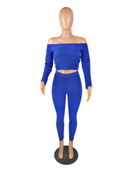 Two Piece Set Autumn Outfits Tracksuit Women Blue Ribbed Striped Slash Neck Short Tops Pencil  Pants - fashionbests