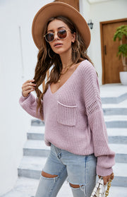 Women's Fashion V-Neck Pocket Sweater