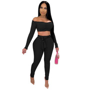 Cutubly Slash Neck Club Two Pieces Sets New Solid Two Piece Sets Outfits for Women Long Sleeve Trousers Pants 2 Piece Set Suits - fashionbests
