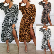 Women Wrap Leopard Printed Boho Long Maxi Dress Casual Bandage Bodycon Long Sleeve V Neck Loose Club Wear Dresses - fashionbests