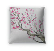 Throw Pillow, Watercolor Crimson Flowers On Tree Branches - fashionbests