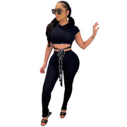 Solid Two Piece Set for Women Short Sleeve Bandage Crop Top Flare Pants - fashionbests