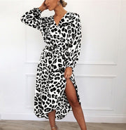 Women Wrap Leopard Printed Boho Long Maxi Dress Casual Bandage Bodycon Long Sleeve V Neck Loose Club Wear Dresses - fashionbests