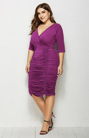 Women's Plus Size Solid Color Gathered Deep V Dress