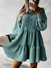 Women's Solid Color Button Front Babydoll Tiered Long Sleeve Minidress