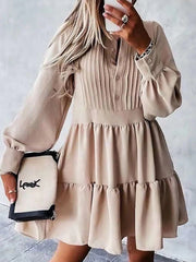 Women's Solid Color Button Front Babydoll Tiered Long Sleeve Minidress