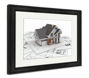 Framed Print, Residential House On Architect Blueprints Housing Project - fashionbests