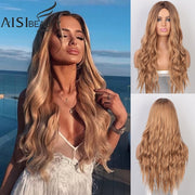 Long Wavy Womens Wig Natural Part Side Hair Ombre Synthetic Wigs Platinum/Blonde/Black Wigs Heat Resistant for Women - fashionbests