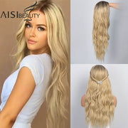 Long Wavy Womens Wig Natural Part Side Hair Ombre Synthetic Wigs Platinum/Blonde/Black Wigs Heat Resistant for Women - fashionbests